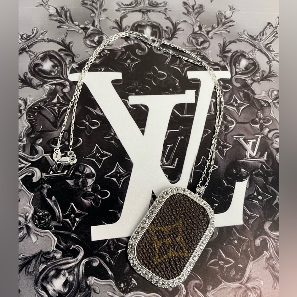 Louis Vuitton 
Monogram Canvas 
Silver Rhinestone Square Pendant Necklace